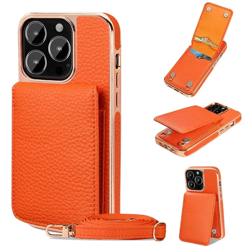 eybag Multi Card Wallet Leather Bracket Phone Case For iPhone 15 14 13 Pro Max Crossbody Lanyard Strap Holder Cover For IPhone 14 Plus