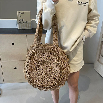 eybag Zipper Models French Straw Woven Circular Women's Shoulder Bag 2024 Hot Sale Large Capacity Handmade Straw Vacation Beach Bag