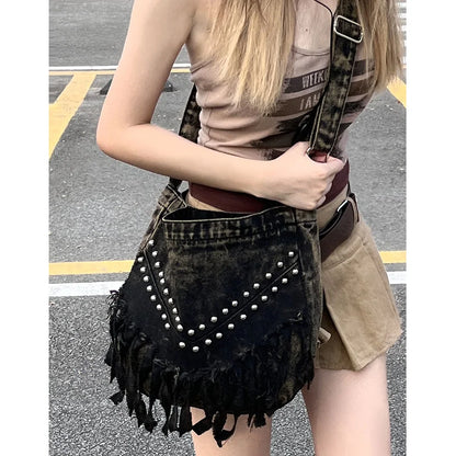 eybag Denim Y2k Rivets Womens Shoulder Bag Fashion Tassels female Messenger Crossbody Bag Large Capacity ladies Handbag Sac totes