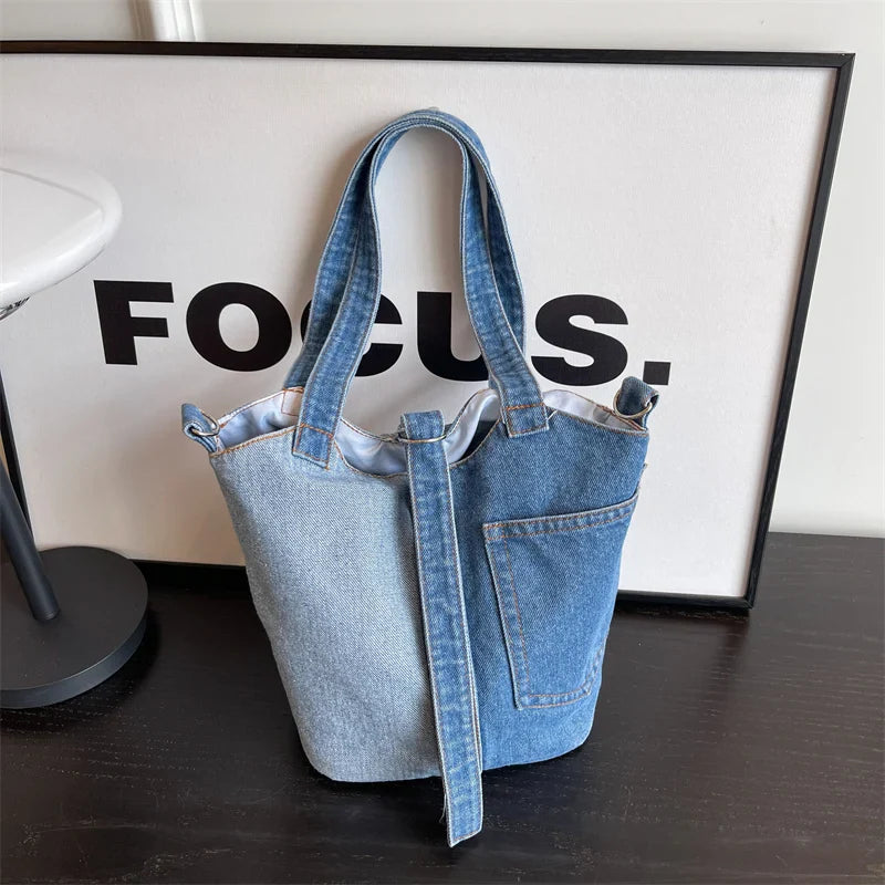 eybag Fashion Denim Bucket Bag Women Shoulder Bag Lady Travel Designer Handbag Female Crossbody Shopper Bag Large Capacity Women's Bag