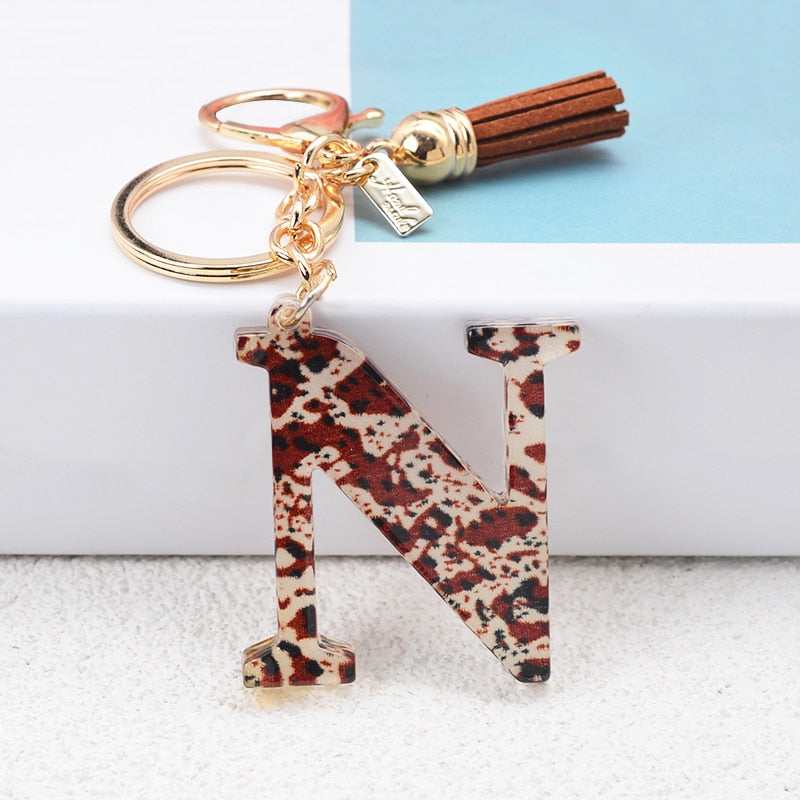 Lkblock Fashion Acrylic Leopard Letter Keychain With Tassel Fashion Couple 26 A-Z Initial Letter Pendant With Key Ring For Women Bag