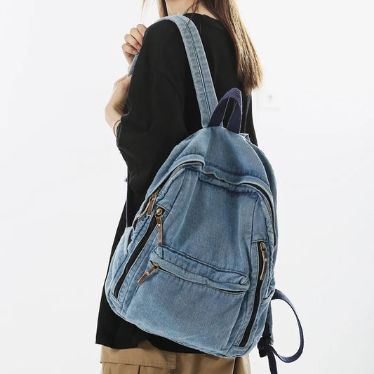 eybag Fashion Multi Pocket Women Backpack Vintage Washed Denim Female School Backpack Men Leisure Trendy Cool Student Travel Book Bag