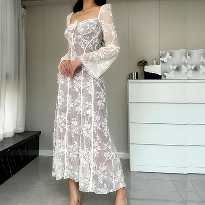 eybag Vintage Lace Long Dress for Women Fashion Elegant Flare Sleeve Square Collar Pleated Dresses Vacation Beach Party Ladies Outfits