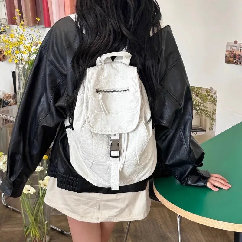 eybag Pure White Womens Backpack Vintage Leather Soft Washed American Style Backpack College Style Large Capacity New Travel Bag