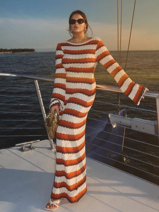 eybag Summer Hollow Out Knitted Beach Dress for Women Elegant Fashion Striped Maxi Dress 2024 Sexy Long Sleeve Holidays Party Dress