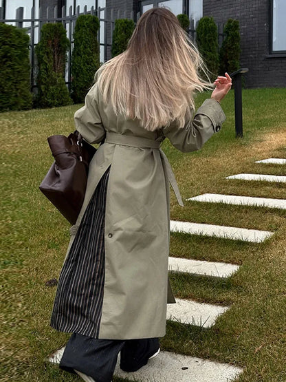 eybag Vintage Splicing Striped Khaki Trench Women Retro Lapel Single-Breasted Long Windbreaker Lady Autumn Elegant Chic Street Outwear