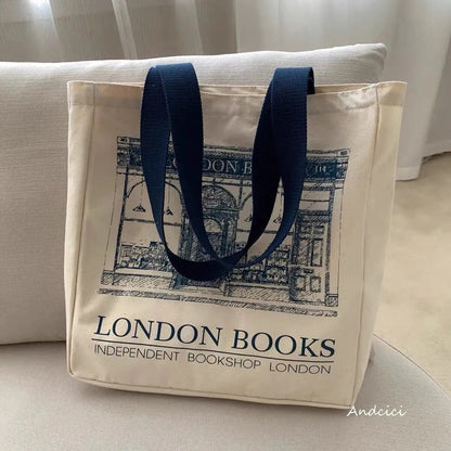 eybag - Women Canvas Shoulder Bag London Books Print Ladies Casual Handbag Tote Bag Reusable Large Capacity Cotton Shopping Beach Bag