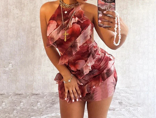 eybag Floral Printing Ruffles Mini Dress Women Sexy Halter Backless Body-Shaping Vacation Dresses 2024 Summer Holiday