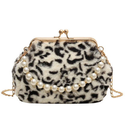 eybag Fashion Design Women's Dinner Bag Winter Plush Leopard Clutch Bag Chain Metal Clip one-shoulder Crossbody bag