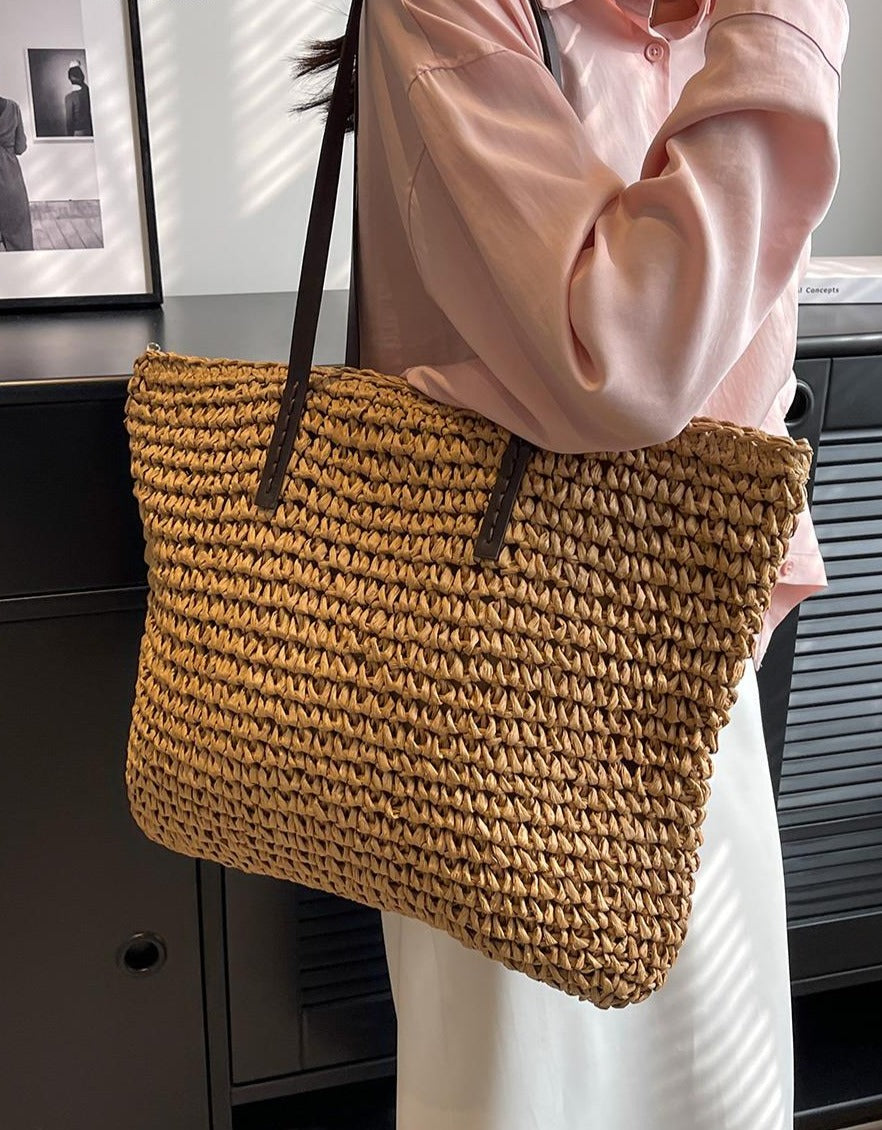 Lkblock Luxury Design Straw Woven Tote Bags Summer Casual Large Capacity Handbags New Fashion Beach Women Shoulder Simple Style Shopping