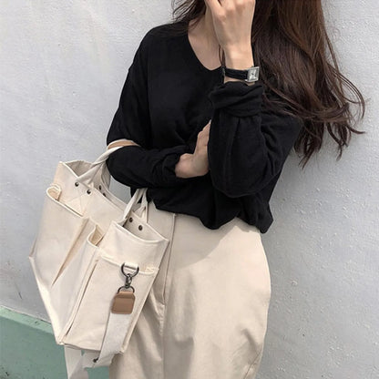 eybag Canvas Simple Totes With Many Pockets Messenger Bags Large Capacity Shoulder Bag Female Big Handbag