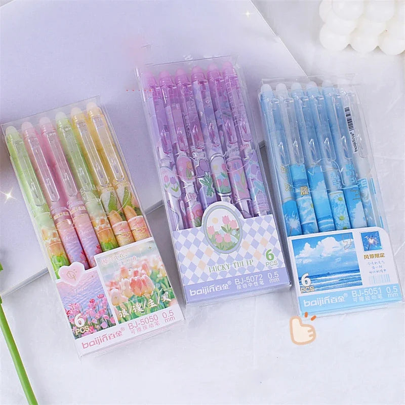 eybag 6pcs Erasable Gel Pens Romantic Flowers Blue Black Ink Signature Pens with Erasers 0.5mm Cute Pens Writing Tools Office School