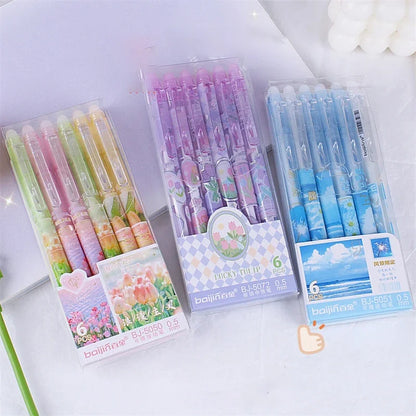 eybag 6pcs Erasable Gel Pens Romantic Flowers Blue Black Ink Signature Pens with Erasers 0.5mm Cute Pens Writing Tools Office School