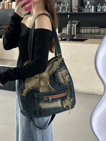 eybag Vintage Womens Shoulder Bag Washed Denim Large Capacity Messenger Bag Hot Girls New Fashion Designer Handbag big totes