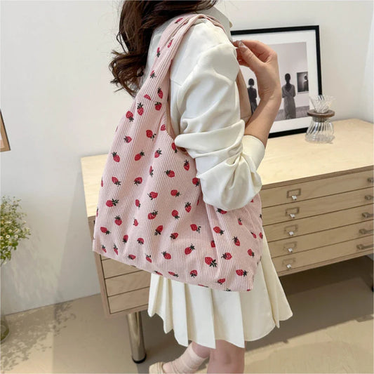 eybag Corduroy Tote Bag New Women's Casual Shoulder Handbag Strawberry Pattern Large Capacity Open Shoulder Bag