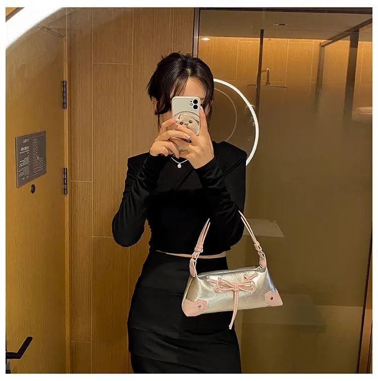 eybag Sweet Cool Bow Y2k Handbag Women Fairy Core Zipper Pu Leather Shoulder Bag Ladies Harajuku Silver Underarm Bags Purse