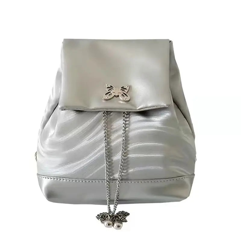 eybag Y2k Silver Womens Backpack Sweet Cool Butterfly Chains Student Fashion Backpack Casual Aesthetic Leather Daily Female Bag