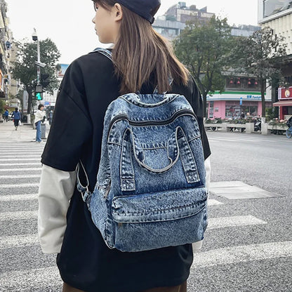 eybag Blue denim women backpack casual large capacity laptop school zipper girl backpack top handle fashion travel backpack for women