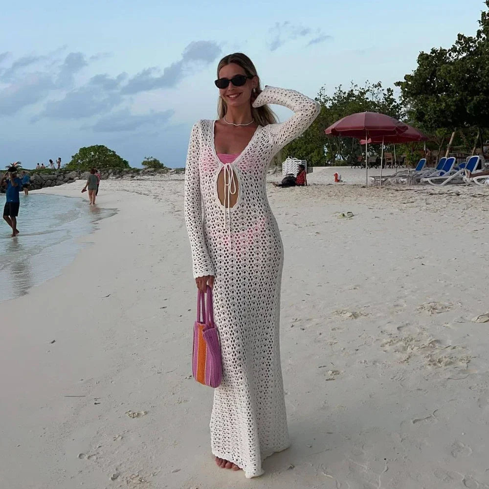 eybag White Knitted Beach Dress Women Sexy Hollow Out Slim Maxi Boho Holiday Dresses Summer Long Sleeve Bikini Cover Up Dress 2024