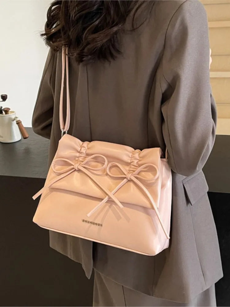 eybag Sweet Cool Pink Shoulder Bags Women Hot Girls Leather Bow Y2k Handbag Female Harajuku Fairy Core Tote Bag Bolso Mujer