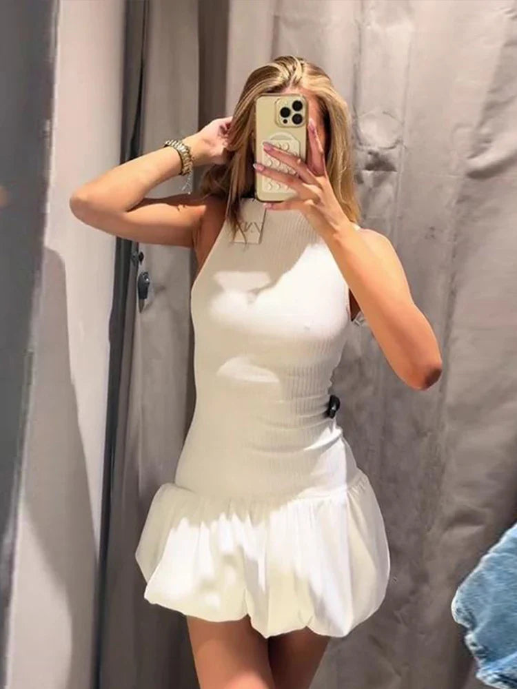 eybag Elegant Solid Color Mini Dress For Women Knitted O Neck Sleeveless Backless Female Skirts 2024 Summer New Chic Ladies Robe