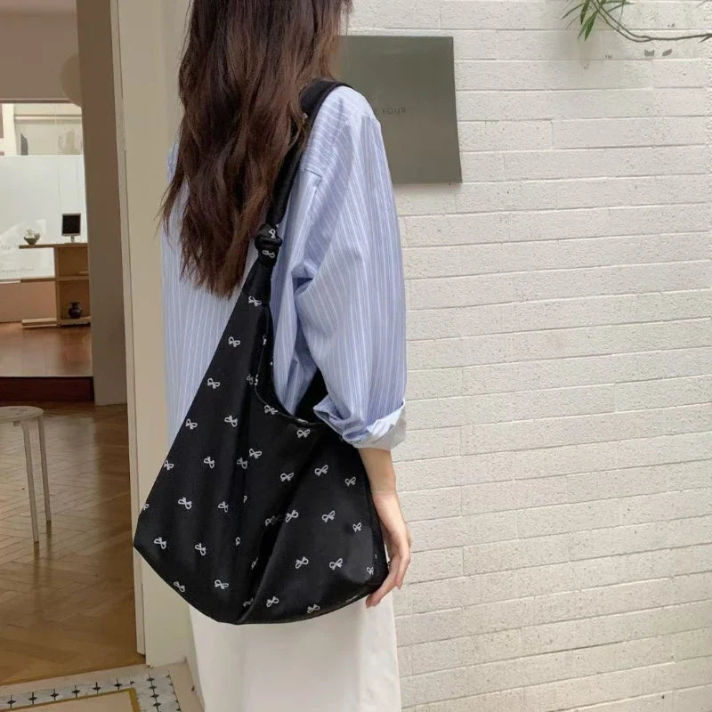 eybag Literary Fresh Nylon Shoulder Bag Fashionable Lazy Style Bow Tie Crossbody Bag Solid Versatile Large Capacity Women's Tote Bag