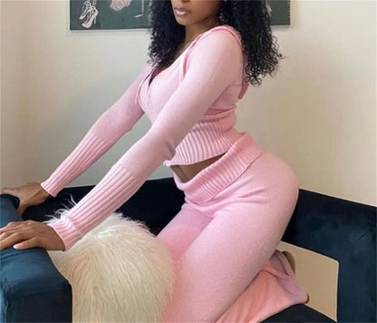 eybag Knitted 2 Piece Set Women Outfit Fashion Solid Hooded Pant Sets Zipper Long Sleeve Tops High Waist Pants Female Slim Tracksuit