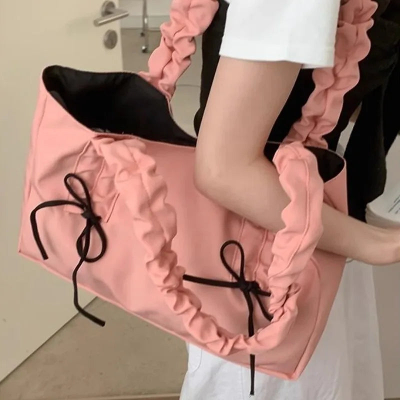 eybag Pink Pleated Womens Tote Bag Nylon Sweet Elegant Gentle Literary Casual Shoulder Bag Aesthetic New Korean Fashion Handbag