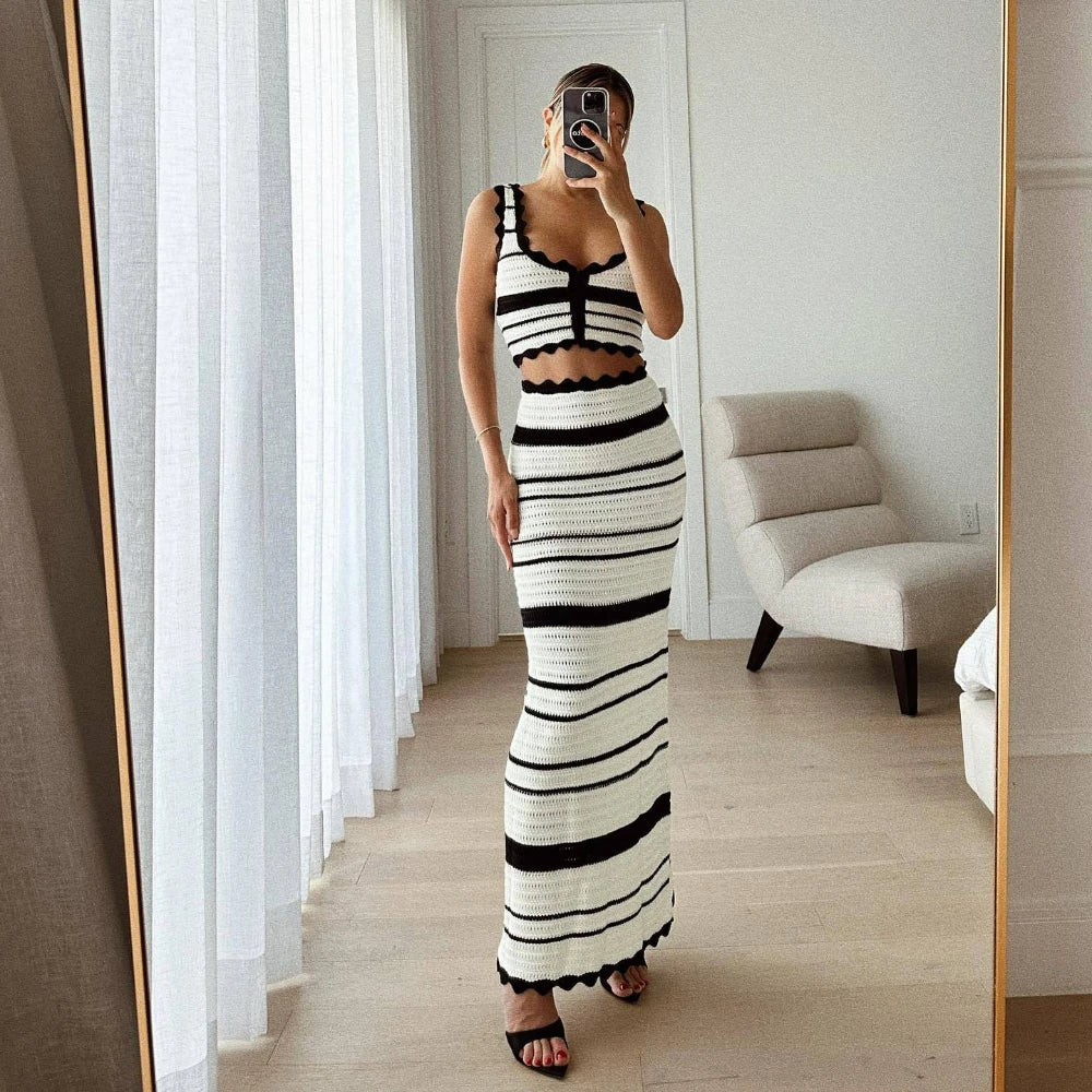 eybag Summer Knitted Beach Skirt Sets Women Sexy Backless Slim Bohemian Outfits Fashion Striped Holiday Two Piece Matching Set 2024