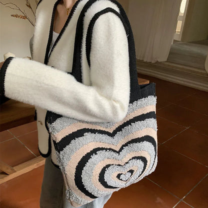 eybag Knitted Heat Pattern Shoulder Tote Bag, Open Top Design With Large Capacity for Shopping, Travel, Gatherings, etc.