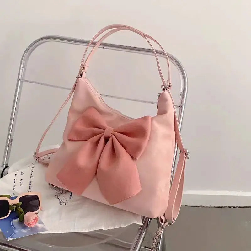 eybag Pink Bow Womens Shoulder Bag Korean Style Fashion Large Capacity Sweet Backpack Cute Exquisite Elegant New Female Tote Bag