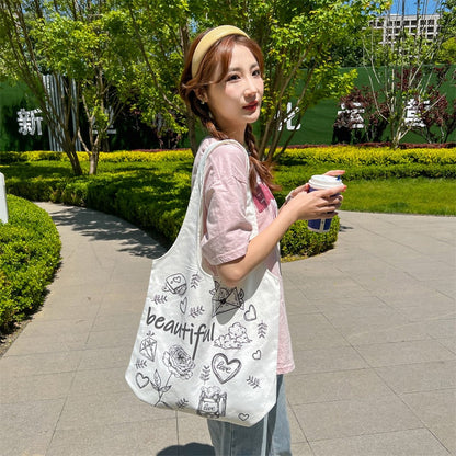 Lkblock Fashion Cute Bookbag Girls Summer Sweet College Kawaii Canvas Shoulder Bag Women Casual Shopping Bag Art Make Up Bag