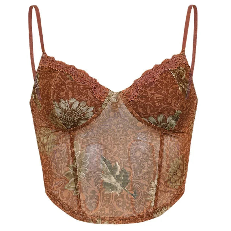 eybag Floral Print Vintage American Mesh Camisole, Women's Eye Lace Trim, V-neck Brown, Cute Y2k 2024 Fashion Crop Top Women's 90s