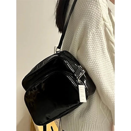 eybag Fashion Trend PU Leather Black Glossy Backpack Sweet Cute Backpack Casual Versatile Street Popular Solid Color Mini Backpacks