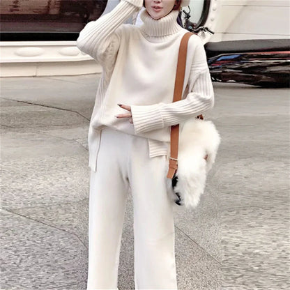 eybag Knitted Loose Turtleneck Sweater Suit Autumn Winter Outfits For Women Solid Long Sleeve Top Wide Leg Pant Sets Fashion Outwear