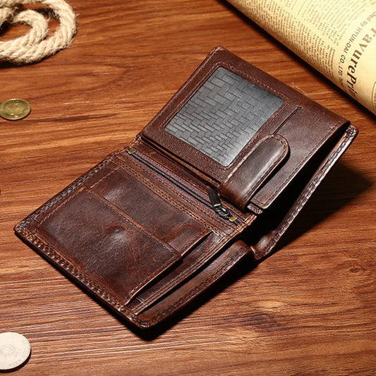 eybag Genuine Leather Men's Short Wallet Retro Bi-Fold Leather Wallet Real Cowhide Card Holder Male Purse with Coin Pocket ID Window