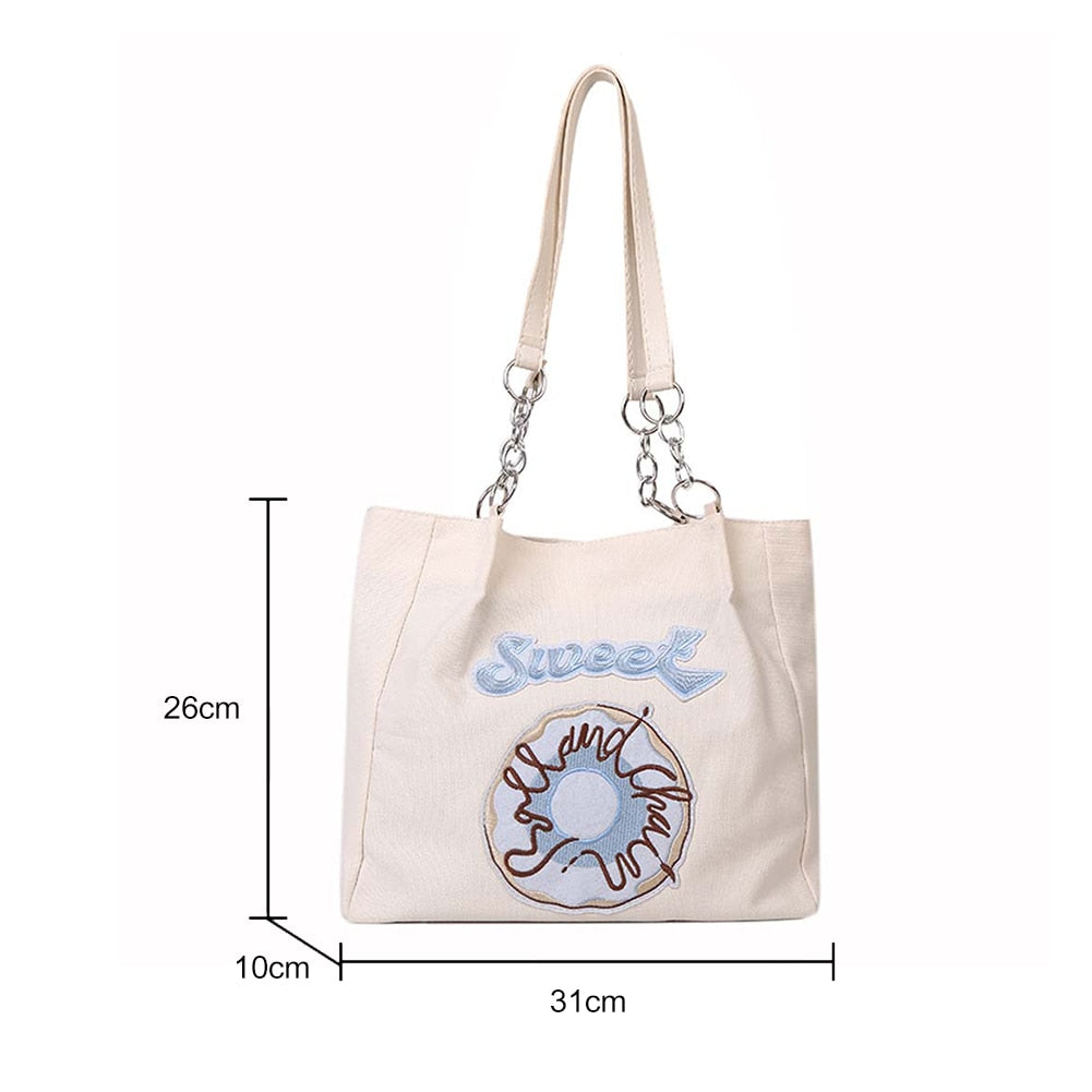 eybag Women Canvas Shoulder Bag for Students Teens Girls Ladies Casual Handbag Pink Embroidery Tote Large Capacity Shopping Beach Bag