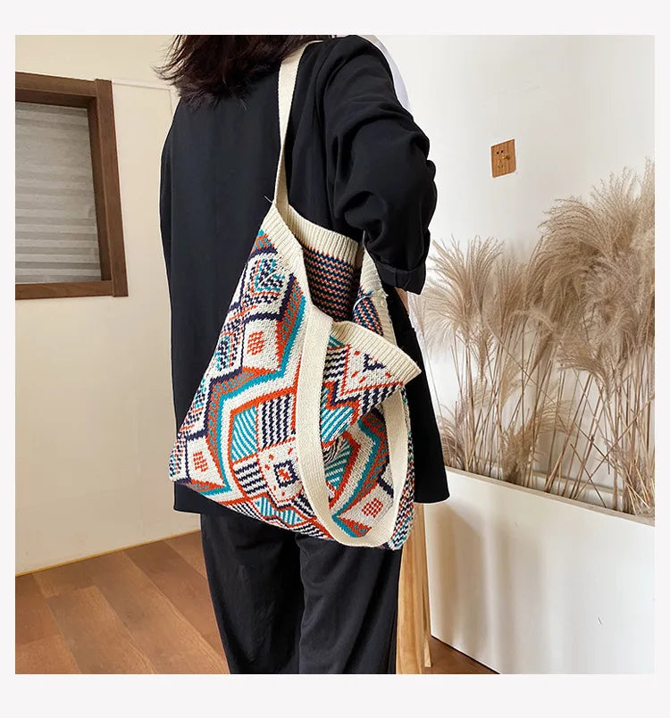 eybag Ethnic Wind Stretch Knitting Bag Geometric Weaving Retro Handbag Casual Shopping Bag Large Capacity Women Backpack Cosmetic Bag