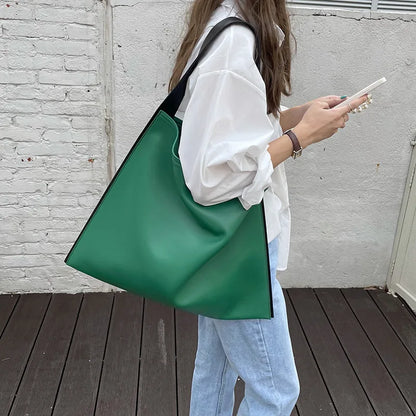 Lkblock Fashion Women Shoulder Bag PU Leather Color Contrast Tote Handbag Simple Casual Bucket Shopping Totes Large Green Female Bags