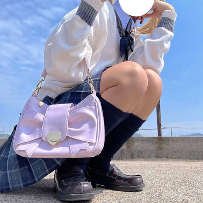 Lkblock Harajuku Sweet Y2k Shoulder Bag Women Pearl Heart Bow Pu Leather Lolita Hanbag Female Fairycore Aesthetic Bag Purse