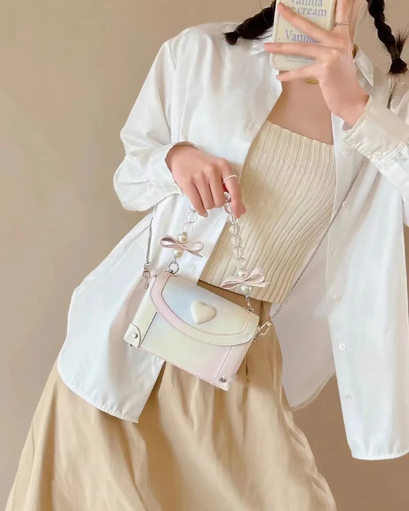 eybag Sweet Pink Messenger Bag Women Fairycore Aesthetic Handle Pearl Chain Crossbody Bags Ladies Harajuku Heart Y2k Hand Bag