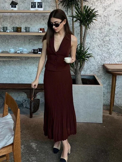 eybag Folds Long Skirt Two Pieces Set Women's Notched Sleeveless Short Vest Top High Waist Solid Maxi Skirt Fashion Sets 2024