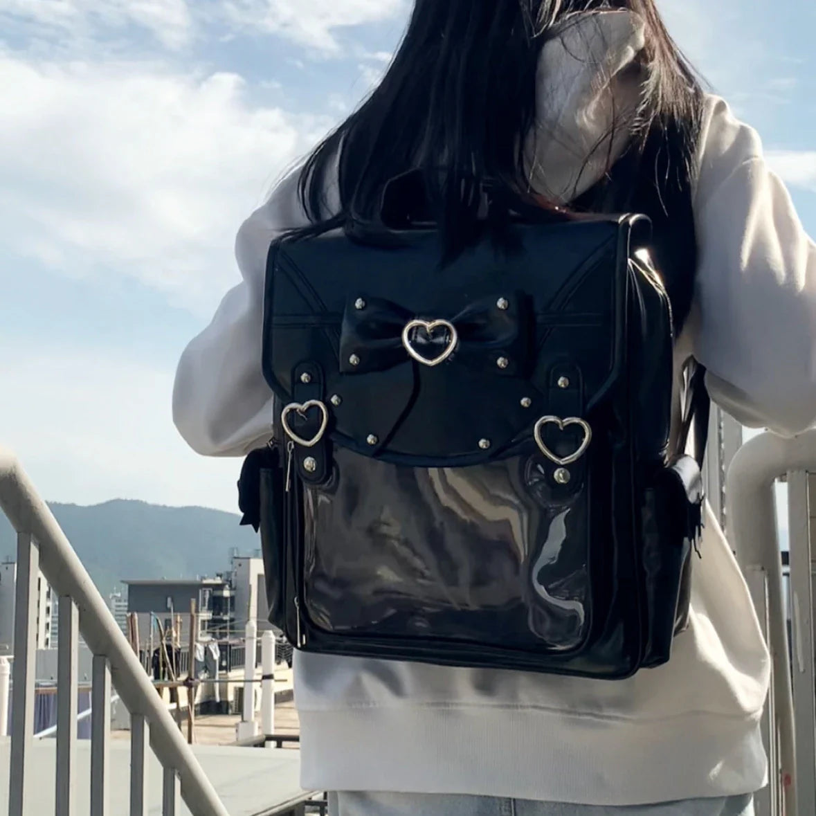 eybag Sweet Cool Itabag Commuter Black Backpack Dark Patent Leather Women Girls Schoolbag Large Capacity Shoulder Bags