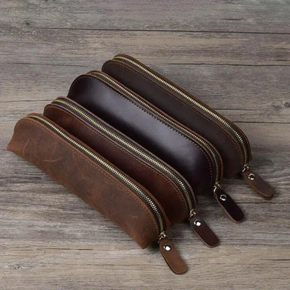 eybag Vintage Genuine Leather Pencil Case Retro Handmade Pencil Bag Portable Zipper Cosmetics Storage Pouch School Office Supplies