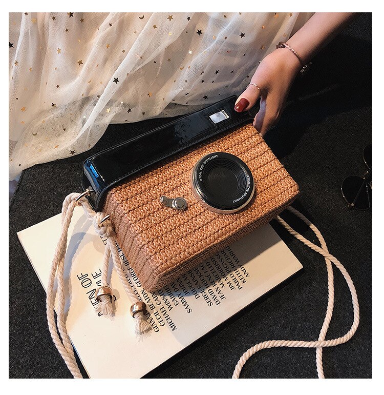 Lkblock Fun Designer Bag 2022 New Women Fashion Camera Straw Woven Handbag Female One Shoulder Bag Crossbody Bag Flap Purse