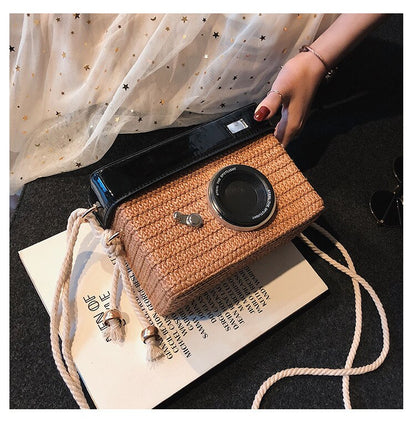 Lkblock Fun Designer Bag 2022 New Women Fashion Camera Straw Woven Handbag Female One Shoulder Bag Crossbody Bag Flap Purse