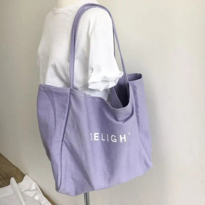 Lkblock Large Capacity Cotton Reusable Shopping Bag Women Canvas Shoulder Bag DELIGH Print Solid Color Causal Handbag Tote Bag Beach Bag