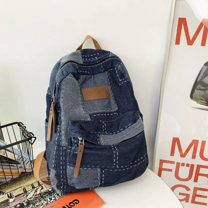 eybag New Washed Denim Patch Women Backpack Trendy Cool College Backpack Large Capacity Men Female Laptop School Bags Travel Book Bag