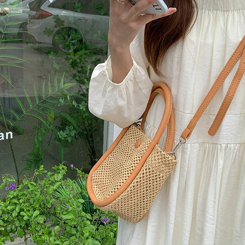 Lkblock Cute Small Shoulder Straw Bag for Women Beach Handbags Basket Bags Female Portable Knitted Straw Woven Bags Tote Composite Bags