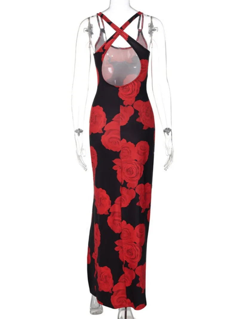 eybag Women's Red Flowers Print High Slit Slip Dress 2024 Summer Elegant Sexy Backless High Waist Sleeveless Long Maxi Holiday Dresses